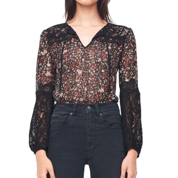Rebecca Taylor pin tuck chiffon lace accent sheer blouse floral print - Picture 6 of 8